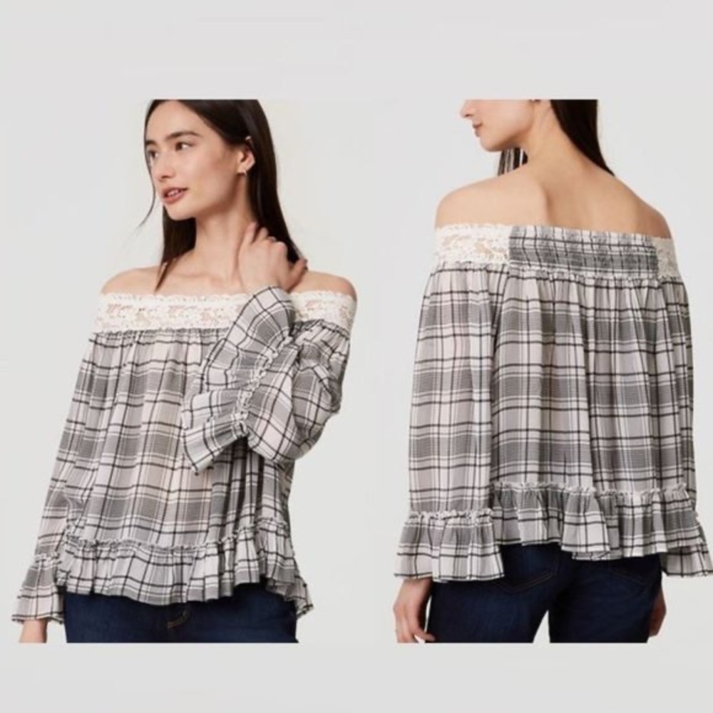 Ann Taylor Loft Plaid Off The Shoulder Plaid Blouse